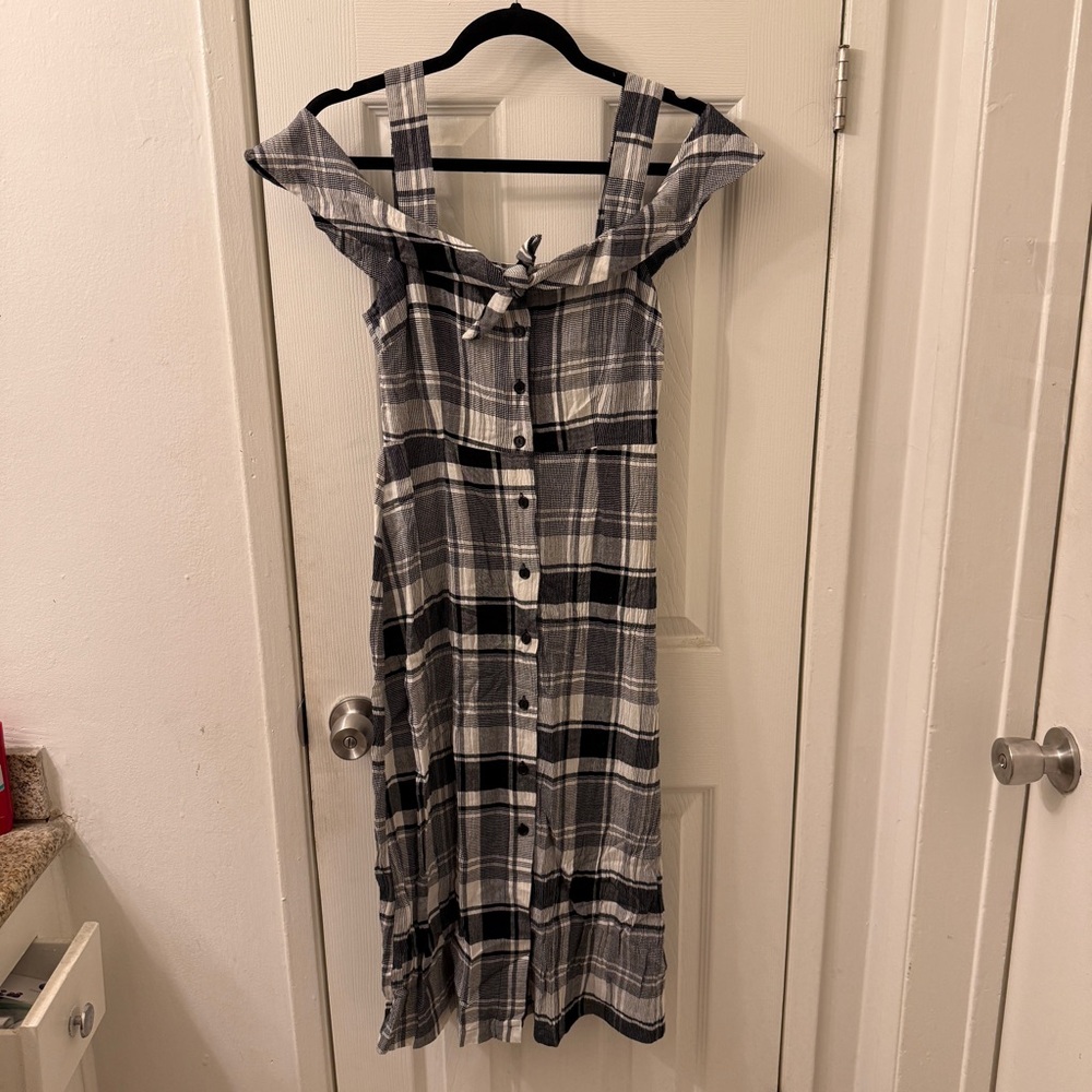 NWT LUSH black and white plaid midi off the shoulder midi dress size Small